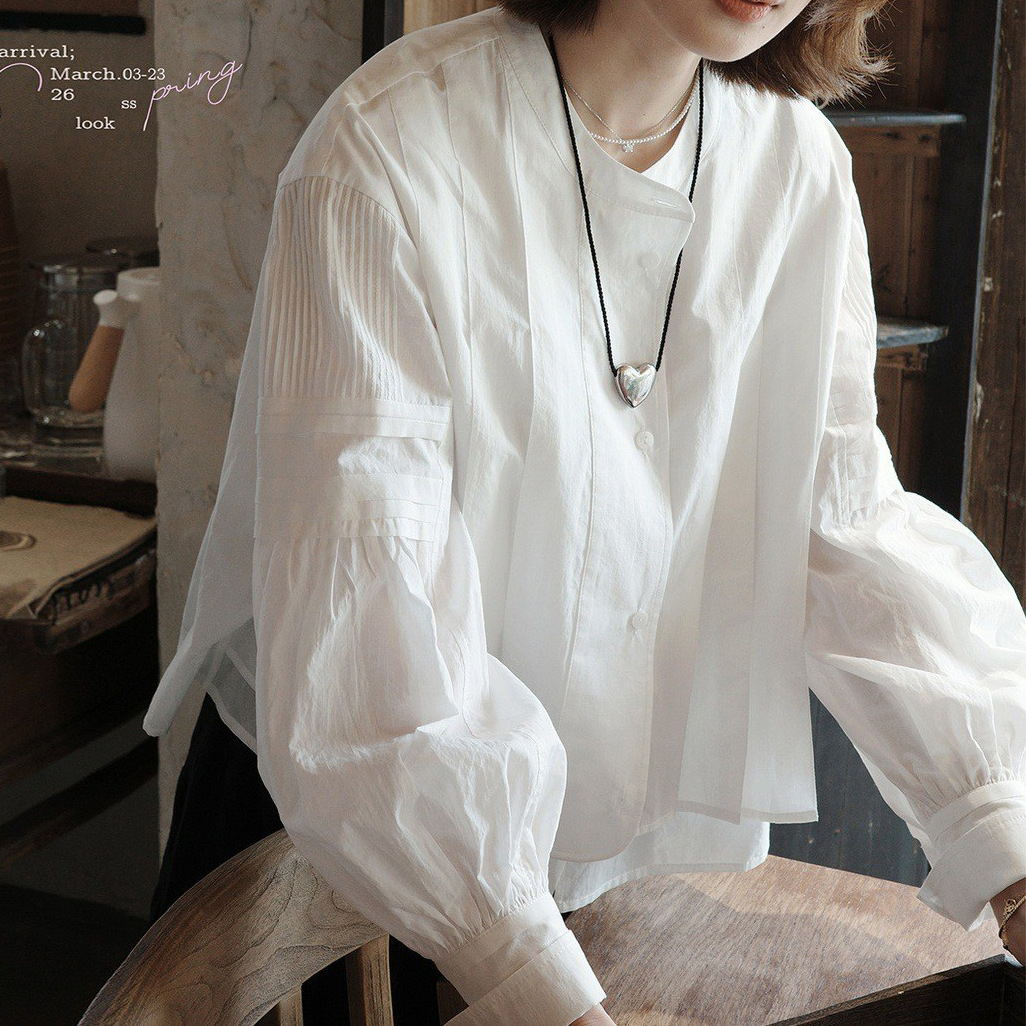 "White Drawing Studio" soft light diffuse yarn "26ss autumn new product 100 count French puff sleeve white shirt for women