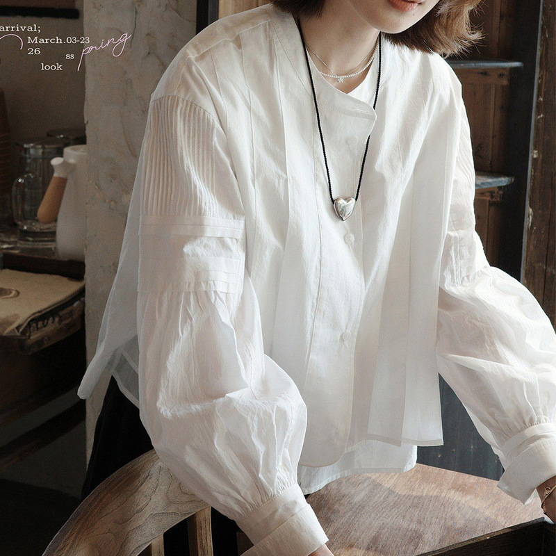 "White Drawing Workshop" Soft Light Sheer Fabric "26Ss Early Spring New Collection 100-Count French Puff Sleeve White Shirt for Women "White Drawing Workshop" Soft Light Sheer Fabric "26Ss Early Spring New Collection 100-Count French Puff Sleeve White Shirt for Women