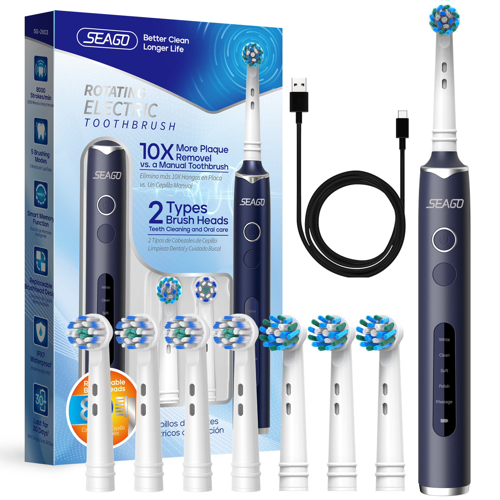 2603 잉글리시 블루 [메인 손잡이 + 칫솔모 8개 + 충전 케이블]