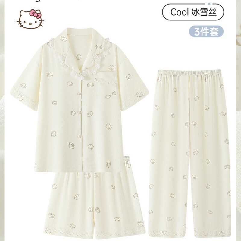 Fufu Pajamas for Women, Spring and Autumn Ice Silk Short-Sleeve 2026 New Model, Summer High-End Home Wear Three-Piece Set Fufu Pajamas for Women, Spring and Autumn Ice Silk Short-Sleeve 2026 New Model, Summer High-End Home Wear Three-Piece Set