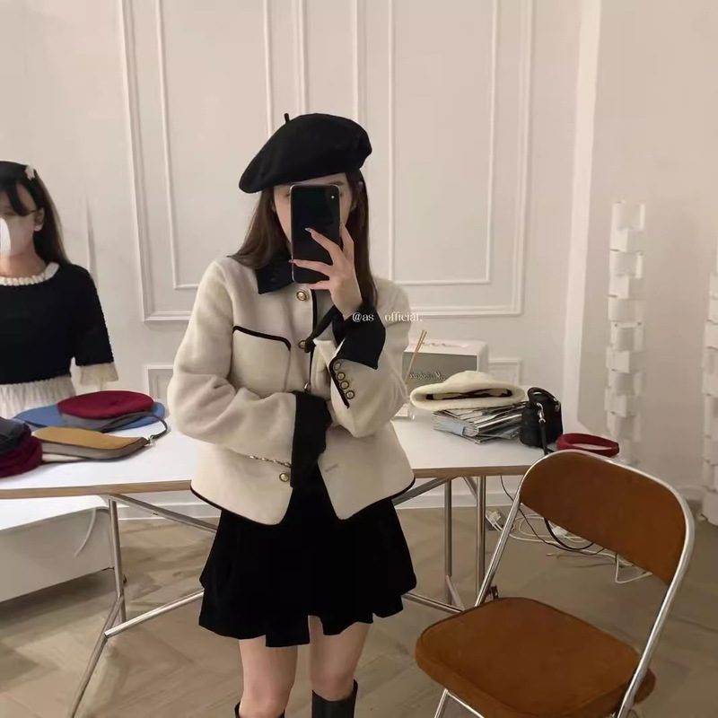 2024 New Style Chanel-Inspired Double-Sided Cashmere Coat for Women with Small Gold Buttons, French-Style Petite Woolen Coat, Mid-Length