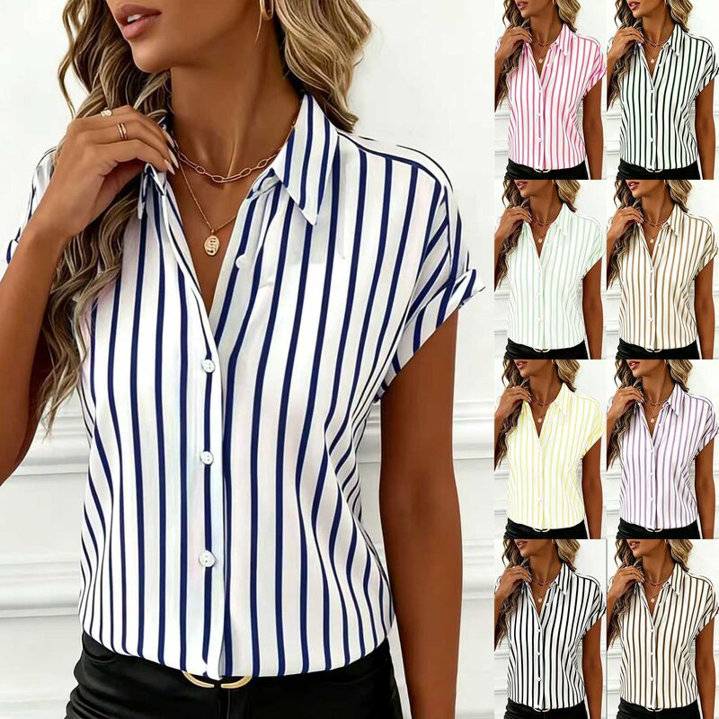 2026Ebay Amazon Wsih Hot-Selling Item Summer New Style Drop Shoulder Sleeve Button Striped Women's Shirt 2026Ebay Amazon Wsih Hot-Selling Item Summer New Style Drop Shoulder Sleeve Button Striped Women's Shirt