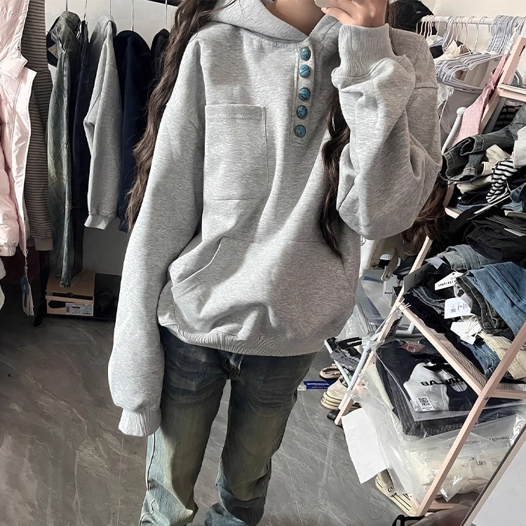 2025 Autumn/Winter American Retro Turquoise Button Hooded Sweatshirt Unisex High Street Heavyweight Sturdy Couple's Jacket