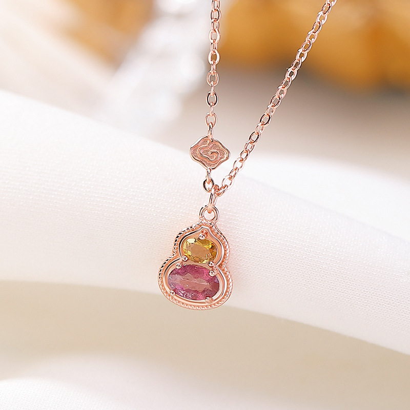 Dây chuyền bạc S925 mạ vàng hồng mặt đá tourmaline hình hồ lô phong cách tân trung hoa — Dây chuyền (màu tourmaline ngẫu nhiên)