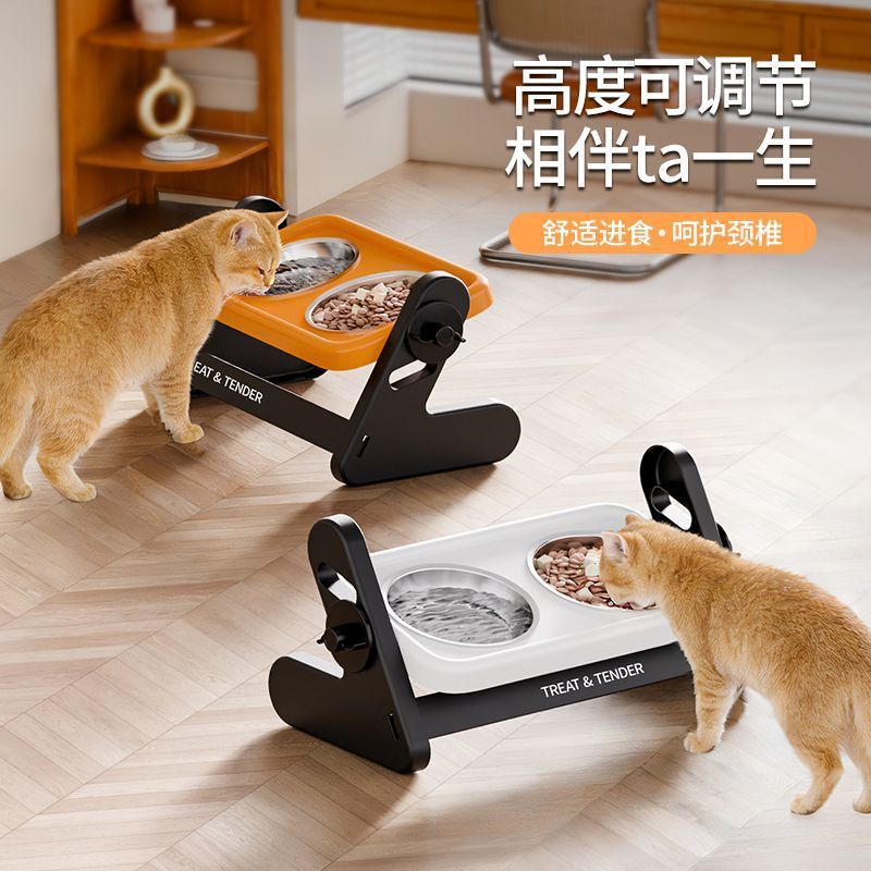 Cat Bowl Pet Stainless Steel Double Bowl Adjustable Height Cat Neck Protection Elevated Double Bowl Dog Stainless Steel Pet Bowl