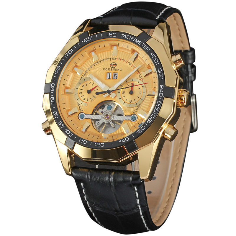Forsining hombres moda casual gran dial Tourbillon reloj mecánico automático calendario semana reloj