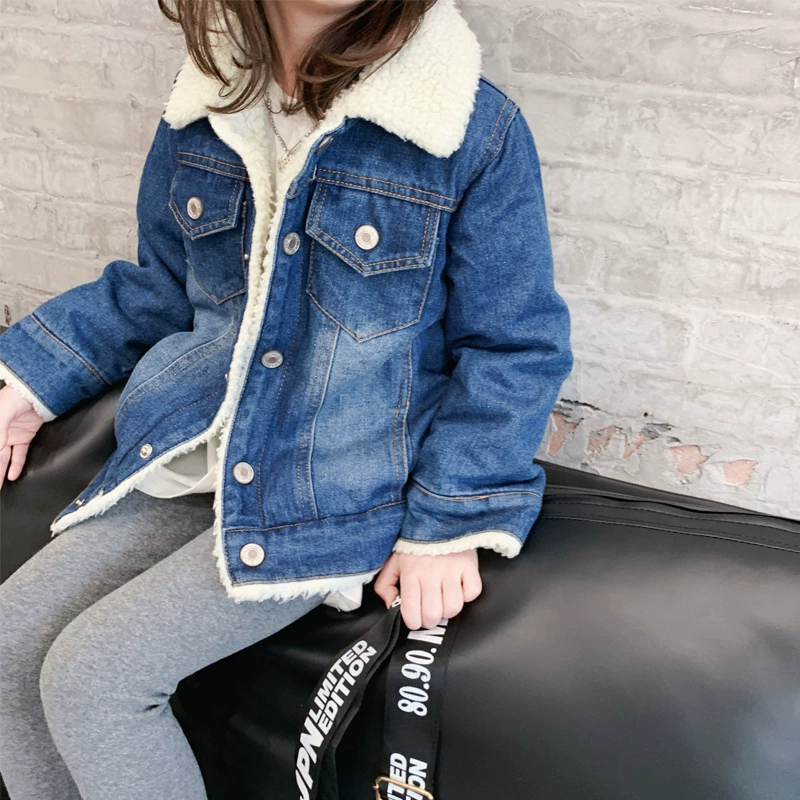 Флис-плотная джинсовая детская куртка с пухом