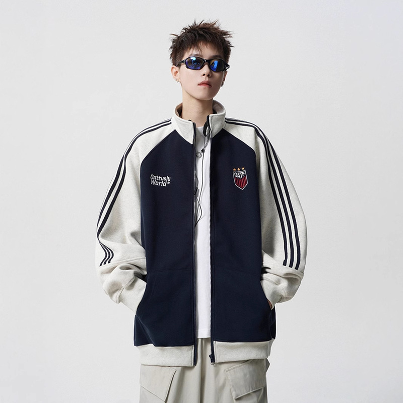 American-style Three-bar Sports Jacket Men's and Women's Winter Trendy Brand Stitching Contrast Color Couple's Jacket Retro Cardigan Baseball Suit American-style Three-bar Sports Jacket Men's and Women's Winter Trendy Brand Stitching Contrast Color Couple's Jacket Retro Cardigan Baseball Suit