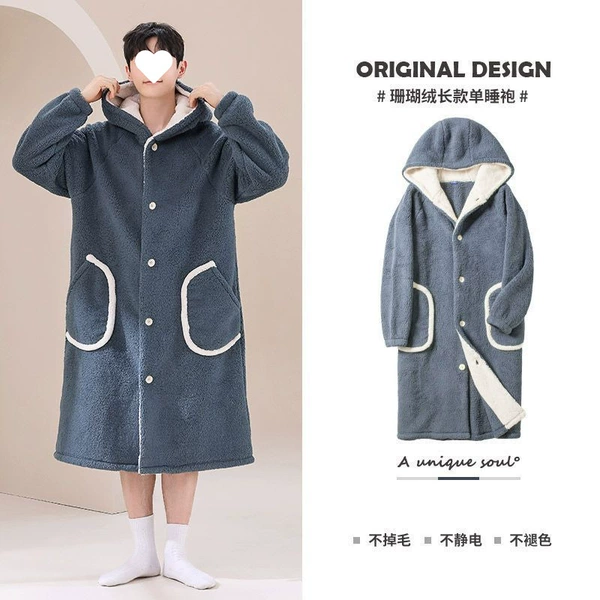 Men's long-haired nightgown robe with pine green pockets