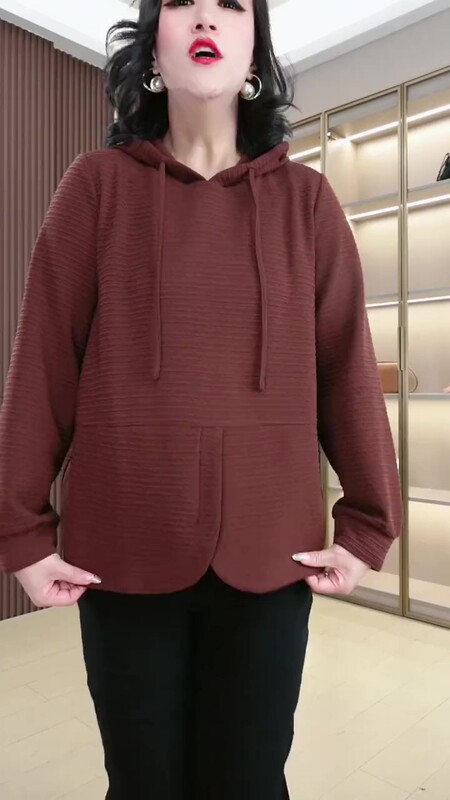 秋冬の新型の垂れ下がった感の抗シワのワッフルの大きいサイズのゆったりしている太っているMMの長袖は帽子のカジュアルなパーカーの中年の婦人服をかぶせます。|undefined