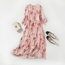 芭碧尔女装真丝连衣裙时尚碎花洋气桑蚕丝长裙海边度假81010