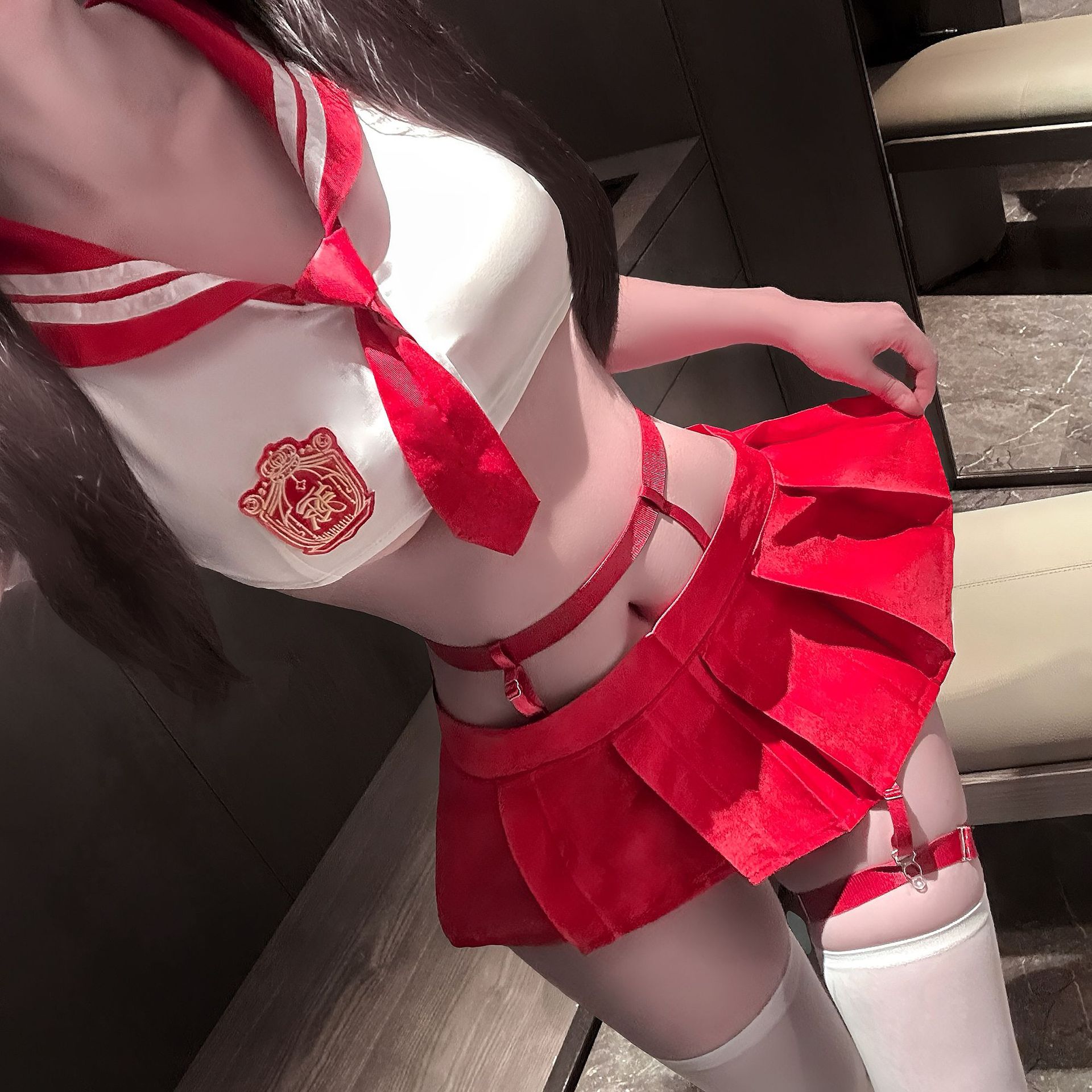 Japanese School-Style Sailor Costume Set with Pleated Skirt, Top, Leg Ring and Thong — detail image 3
