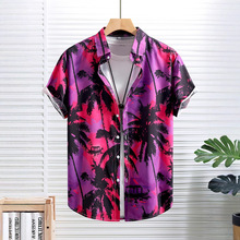 男士短袖衬衫男装紫红色椰子树衬衣夏威夷度假夏季2025新款跨境专