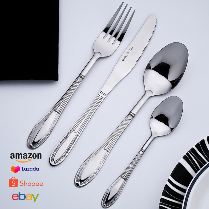 Cross-Border Simple Lace Stainless Steel Tableware Set Knife, Fork and Spoon 24Pcs Thickeneded Steak Knife Embossed Dessert Spoon and Fork