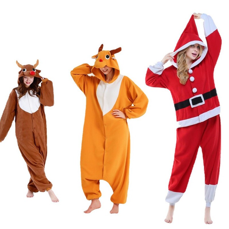 Santa Claus Sika Deer Cartoon Siaman Pajamas for Men and Women Cute Thickened Warm Home Clothes Fleece Christmas Deer