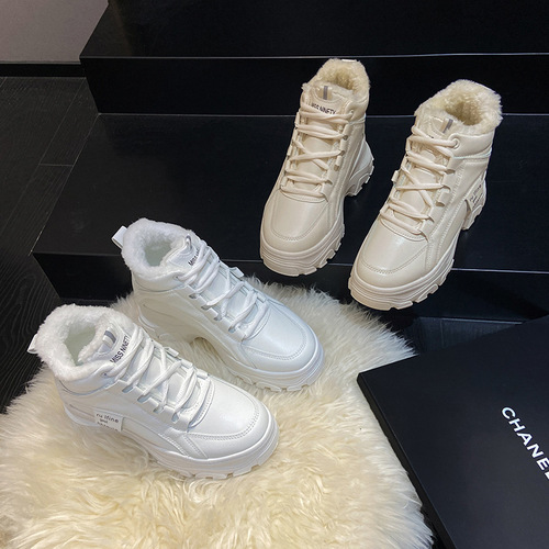  winter new high-top thick-soled white shoes plus velvet Korean style versatile casual shoes thickened warm cotton shoes A08