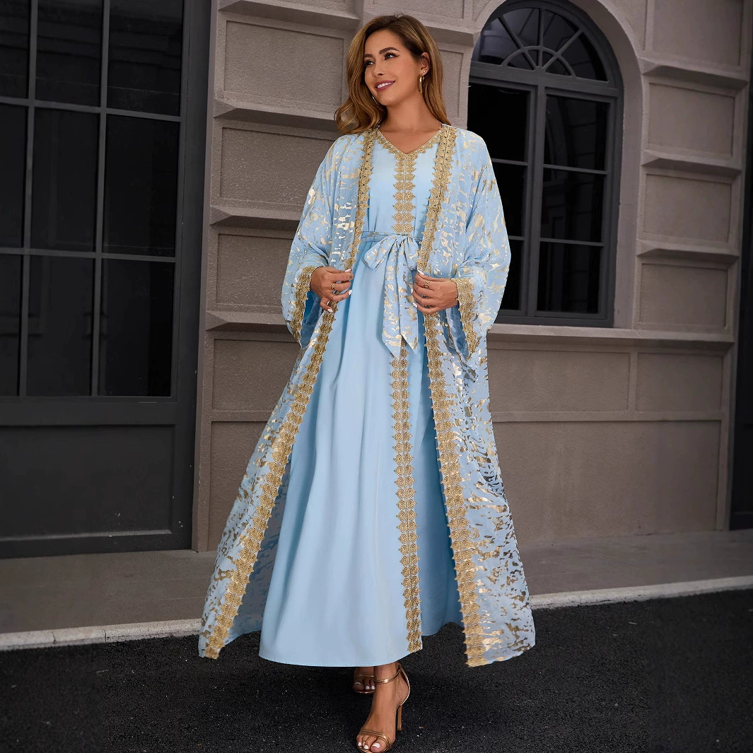 Двухслойное абайя из Дубая с бронзовым кружевом, длинная юбка, мусульманское платье для женщин, трансграничная торговля Ближнего Востока