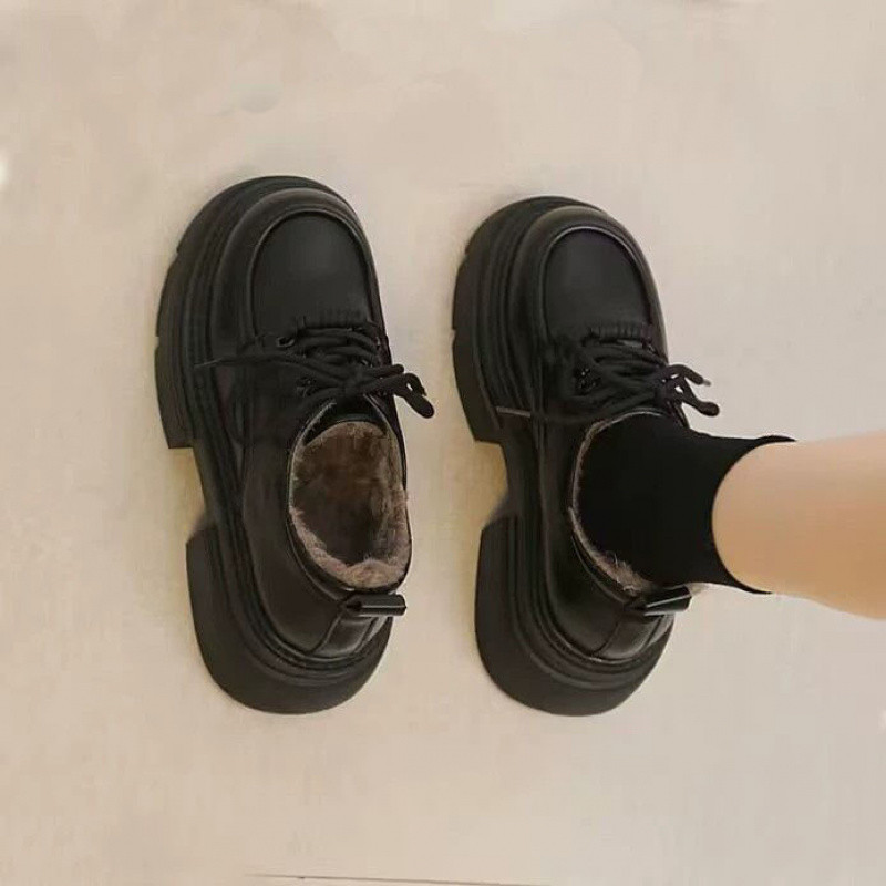 (2개) 니치 메리 제인 작은 가죽 신발 여성의 겨울 기모 2024 새로운 두꺼운 바닥 플랫폼 레이스 업 빈티지 로퍼