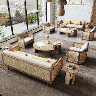 New Chinese Style Solid Wood Sofa Simple Modern Hotel Lobby Rattan Casual Sofa Combination Silent Style Furniture