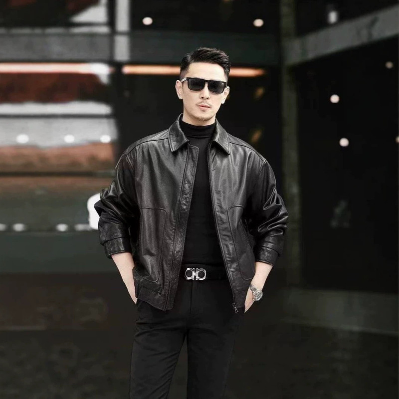 New Spring and Autumn Haining Leather Jacket for Men, Short Collar Casual Motorcycle Jacket New Spring and Autumn Haining Leather Jacket for Men, Short Collar Casual Motorcycle Jacket