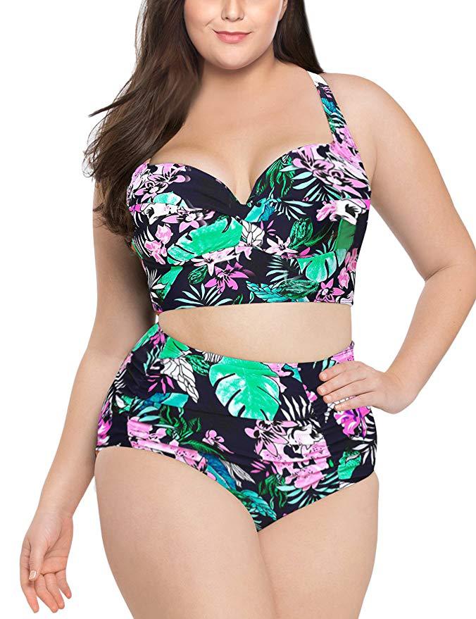 plus size print/solid color sling hollow bikini two-piece set NSYLH130842