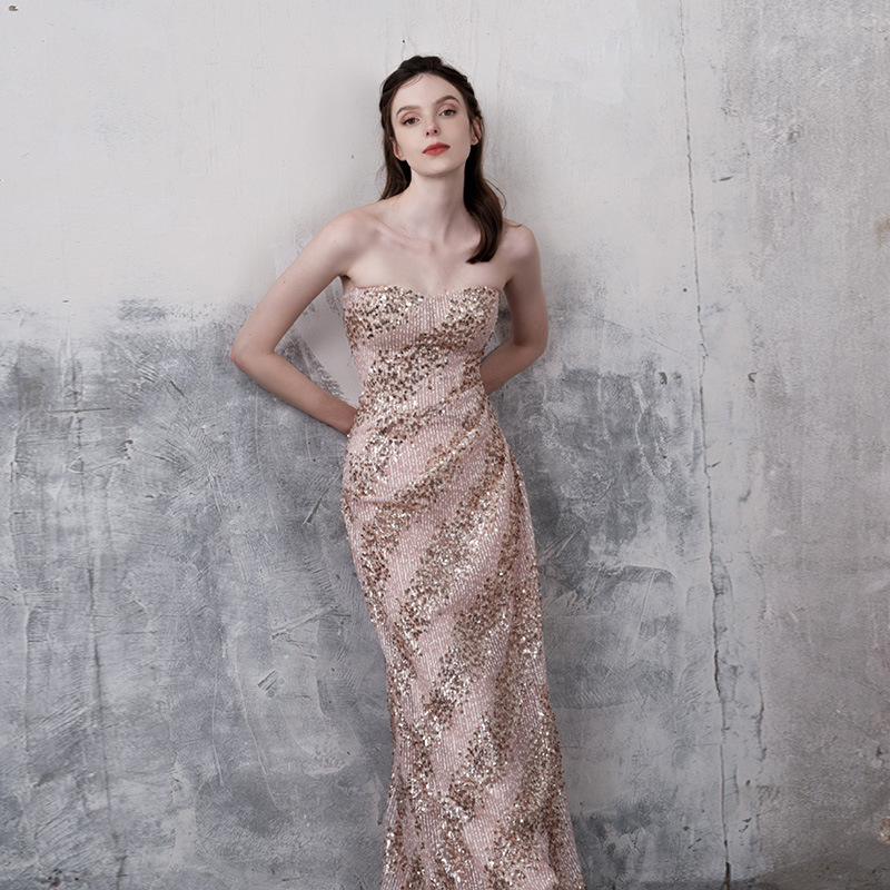 Elegant French Style Light Luxury Sequined Strapless Evening Gown Sophisticated Mermaid Style Engagement Dress for Women Hostess Banquet Toast_ecoleips.com