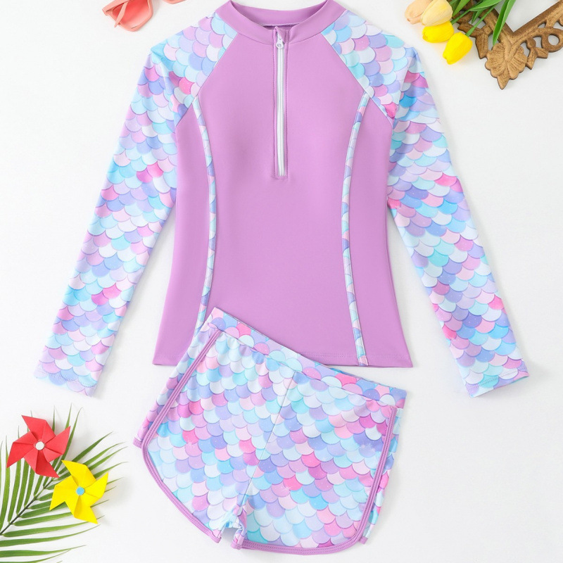 2025 European and American Export New Kidsren's Swimsuit Girls Split Boxer Long-Sleeved Zipper Medium and Large Kidsren's Swimsuit with Breast Pads