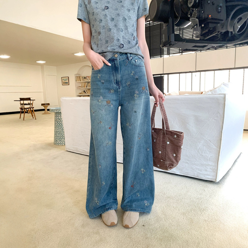 Blue Floral Wilderness|Fully Embroidered Blue Jeans with Washed and Distressed Finish, Heavy Embroidery, High-Waisted, Wide-Leg, Straight-Leg Trousers Blue Floral Wilderness|Fully Embroidered Blue Jeans with Washed and Distressed Finish, Heavy Embroidery, High-Waisted, Wide-Leg, Straight-Leg Trousers