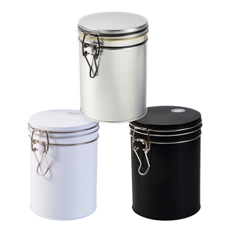 Caja de hojalata para granos de café, lata de hierro sellada con válvula de escape, lata de té, lata de almacenamiento de cocina, lata de conservación de frescura, barril de hierro para café en polvo