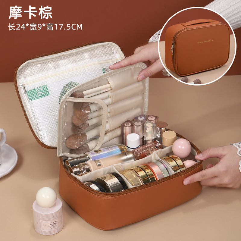 国境を越えた革の防水化粧品バッグ、分割層状の立体的な大容量の収納バッグ、ポータブルトイレタリーバッグ、最小ロット|undefined