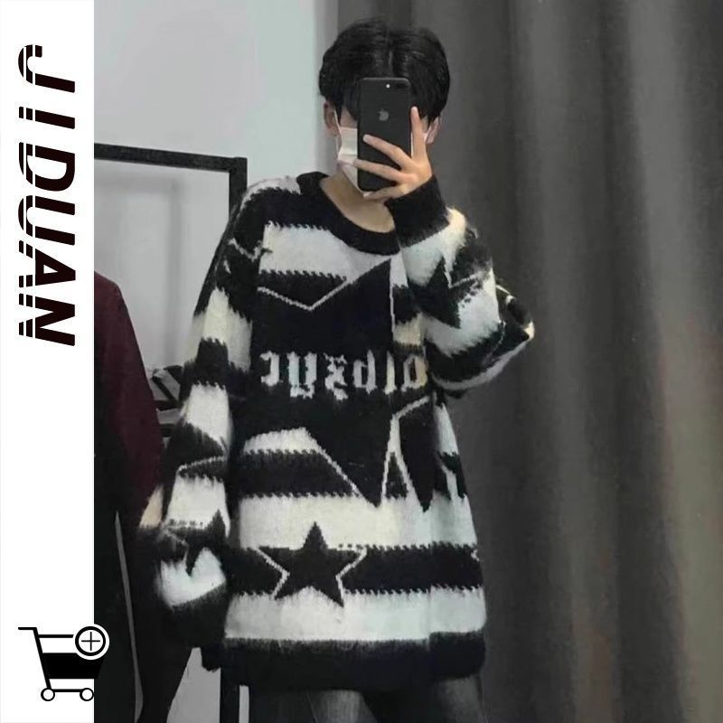 套头美式针字母星星秋冬迹端男女宽松毛衣条纹/提花高街韩版小众