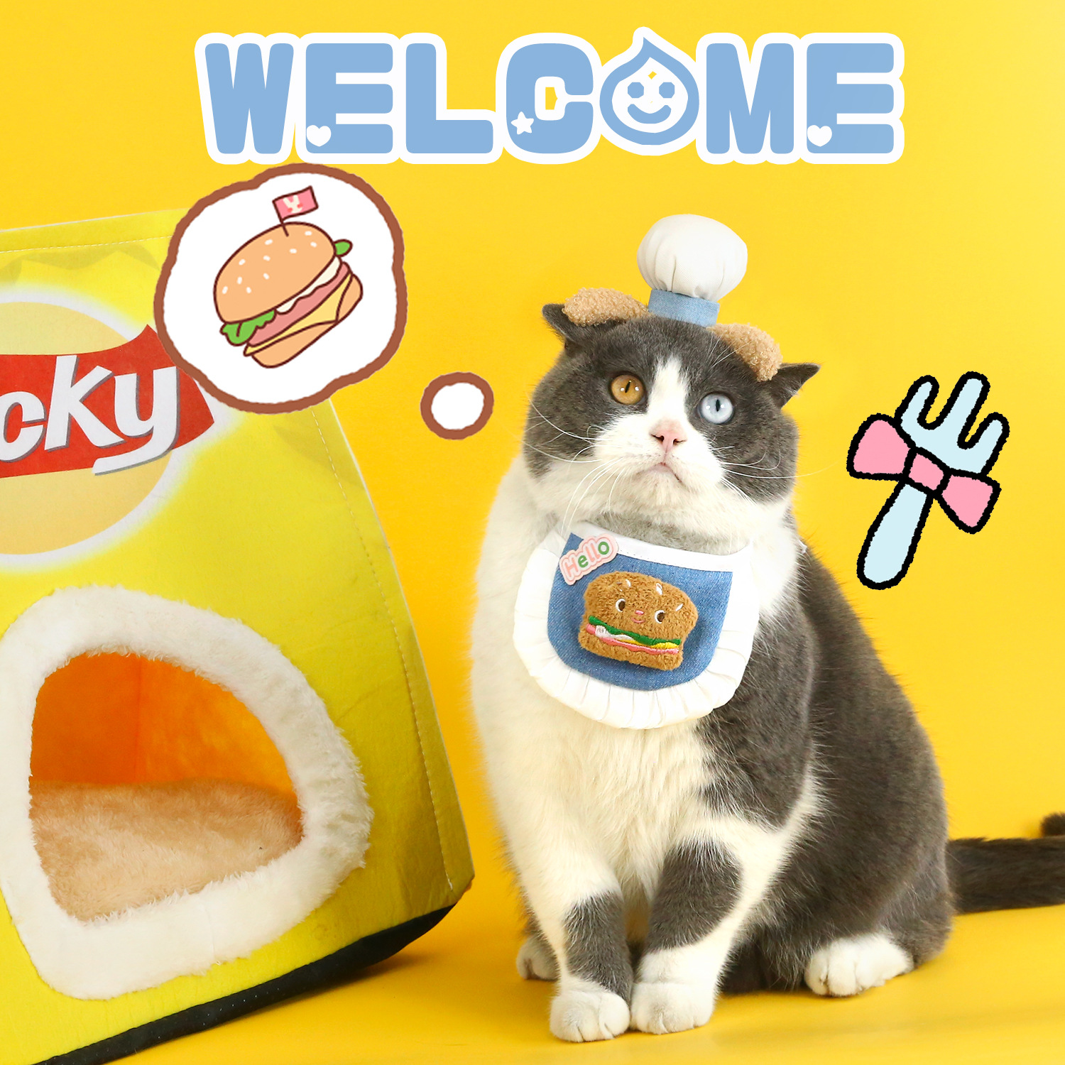 Mascotas gorra de chef de dibujos animados lindo tocado hamburguesa babero de mezclilla toalla de saliva delantal gato cachorro traje fotográfico