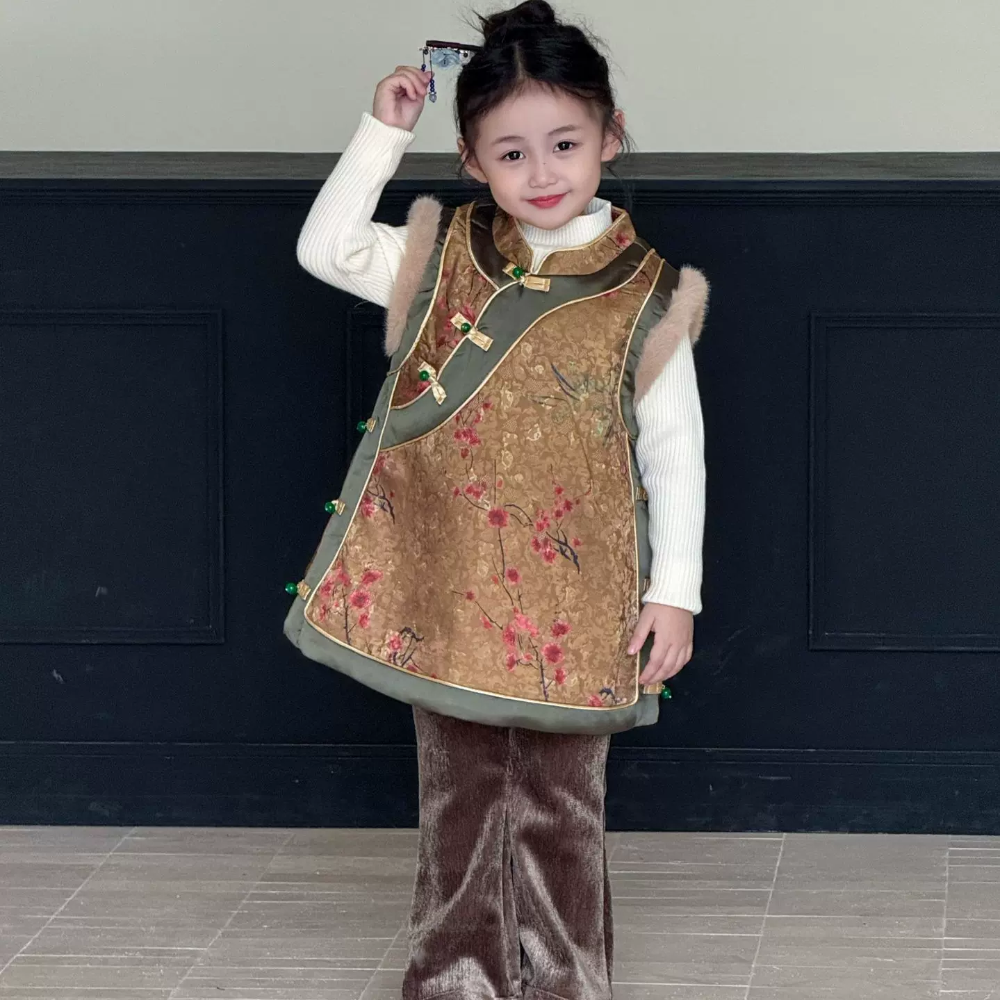 女童马甲2025冬季新款印花新中式喜庆拜年服女宝宝汉服加绒唐装潮