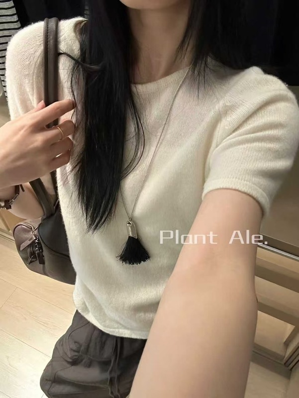 韩系设计感休闲针织T一100%羊毛后绑带短袖上衣早秋百搭纯色P5007|undefined