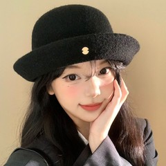 黑色毛呢卷边渔夫帽女春秋日系复古显脸小盆帽优雅气质礼帽子