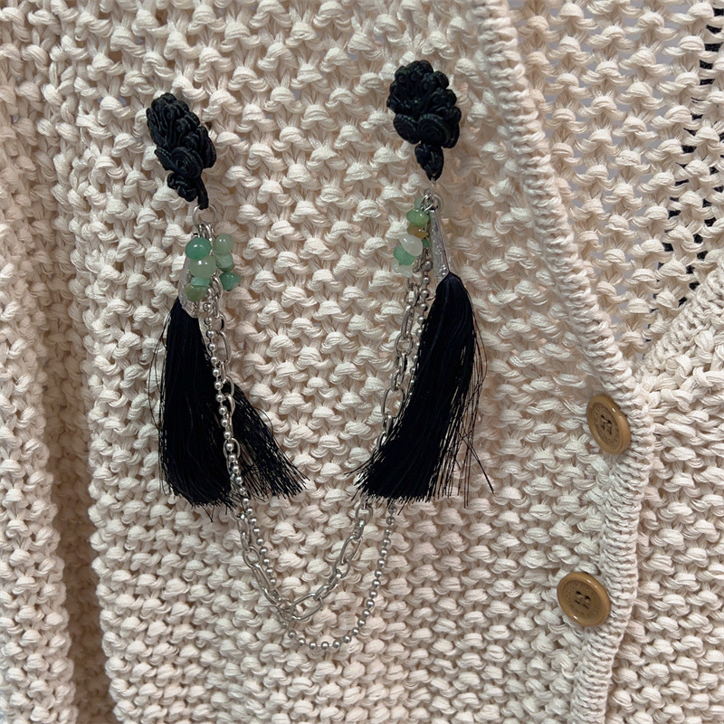 Chinese Style Retro Buckle Jade Brooch New Chinese Tassel Chain Pin Chest Chain Fixed Clothes Cheongsam Accessories