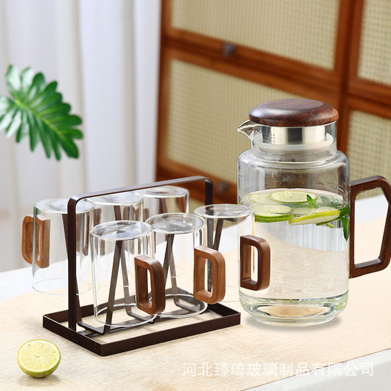Botella de agua fría de vidrio, taza de agua, olla fría de madera de vidrio para el hogar, olla de té retro resistente al calor, taza de té, juego de agua image 3