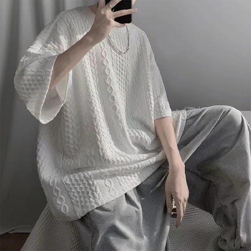 Men's Harajuku Style Short Sleeve T-Shirt, Hong Kong-Inspired Retro Fashion, Five-Button Sleeve T-Shirt, Instagram-Korean Version Trendy Loose Top