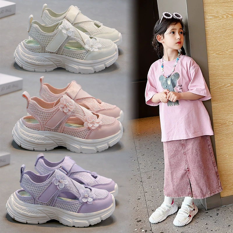 Детские спортивные сандалии с открытым носком, лето 2025, новые закрытые туфли для девочек и мальчиков старшего возраста, сетчатые туфли для девочек.