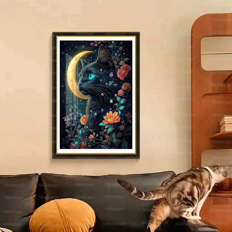 Mona Lisa real bordado negro gatos adorables gatos curados sala de estar decoración de entrada colgar pintura bordada a mano