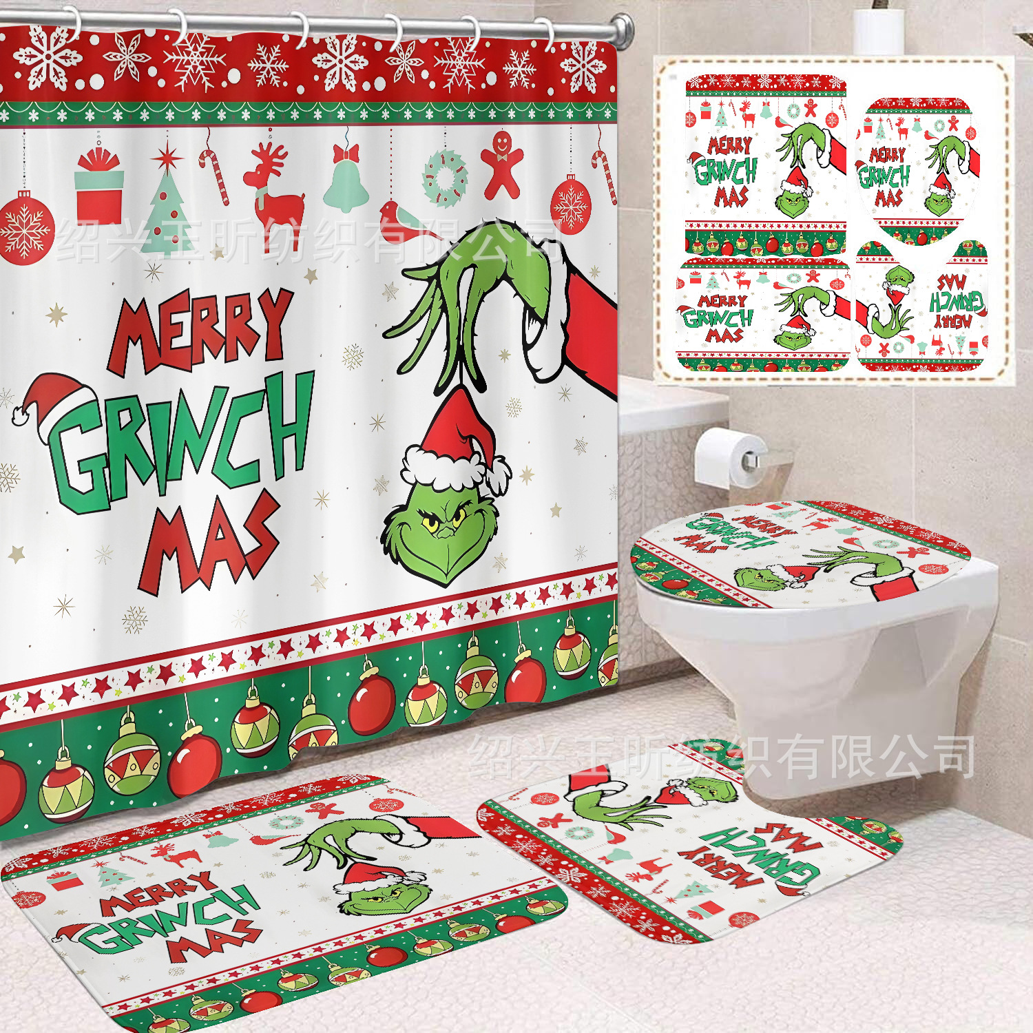 Tela de cortina de ducha transfronteriza, cortina de ducha impermeable, alfombra antideslizante de baño, juego de Grinch 4 de pelo verde al por mayor, sin perforación