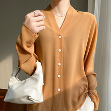乔其纱25年春夏新款防晒衫薄款V领针织衬衫开衫气质印花宽松上衣