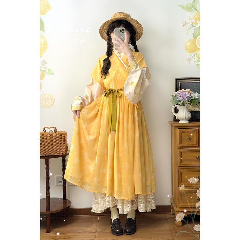 Original Summer Lemon-Colored Ming-Style Hanfu Half-Sleeve Dress with Lining, Improved for Everyday Wear, Versatile with Han Elements, Spring and Summer Style
