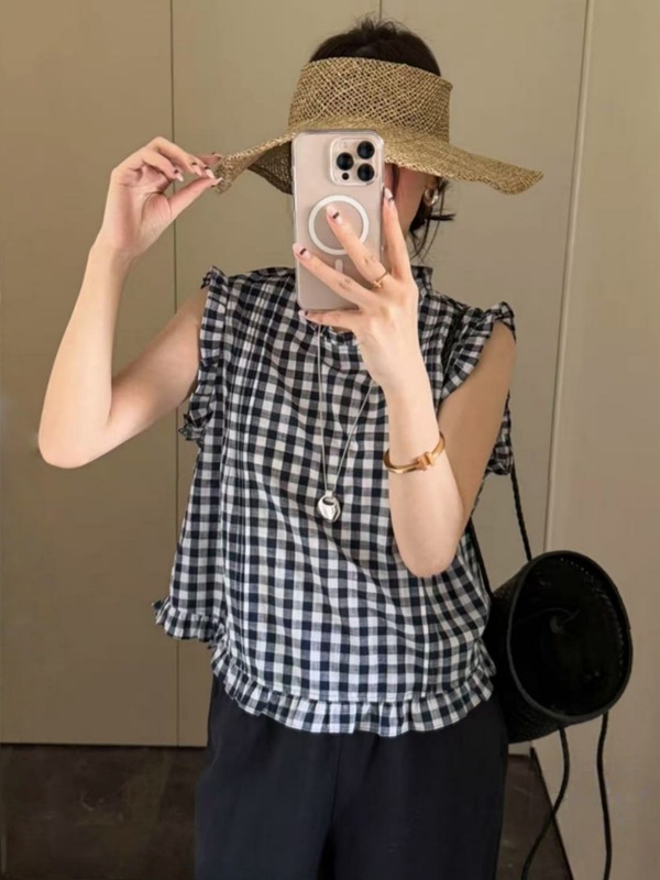 2025夏季新款韩版时尚百搭无袖格子衬衫女宽松减龄飞飞袖显瘦上衣|undefined