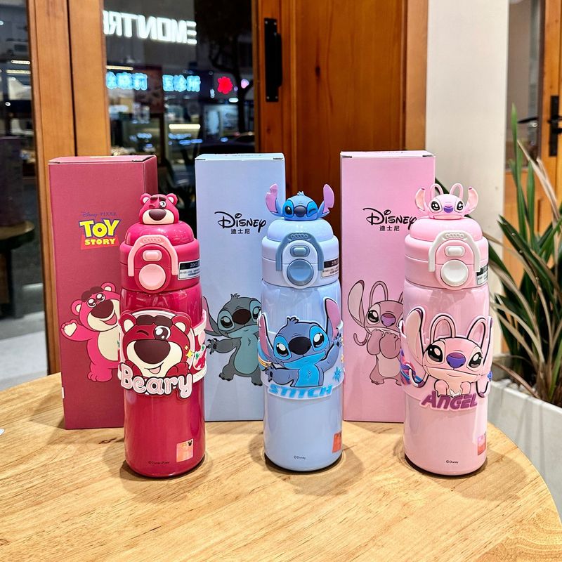 見栄えの良いダブルドリンク子供用魔法瓶カップ、ポータブル女の子用ストローカップ、学生漫画ステッチドリンクカップ|undefined