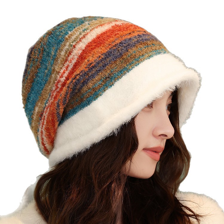 Cappello invernale da donna in maglia a blocchi di colore, stile coreano, stile retrò, con protezione per le orecchie, versatile e caldo, a righe_voghion.com