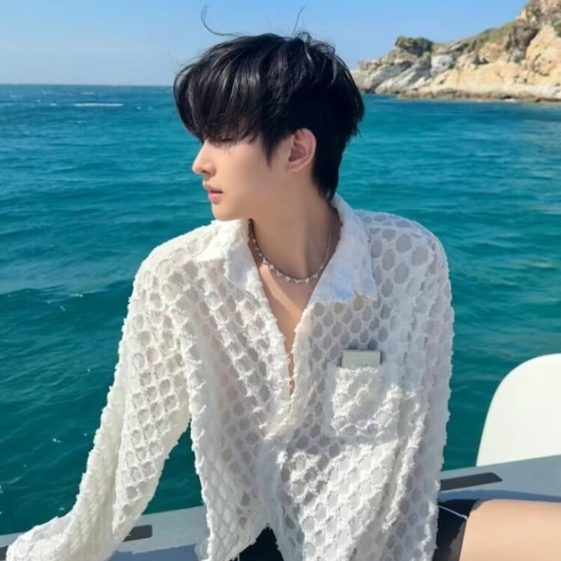 Spring Cuban Collar Hollow Niche Long-Sleeved Sun Protection Shirt for Men Korean Style Light Luxury Loose Handsome Translucent Shirt Trendy