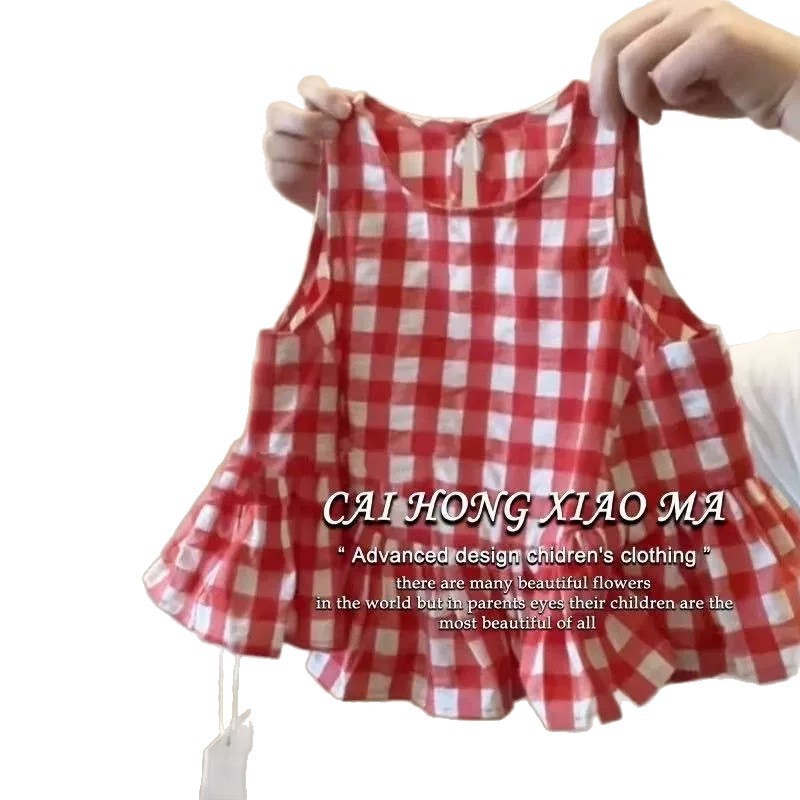 ベビーベスト夏服 2025 新しい女の子シャツファッショナブルなカラーブロックチェック柄女の子レースノースリーブトップ|undefined