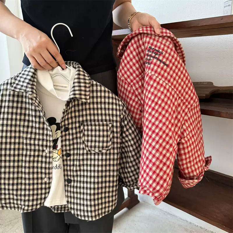 儿童衬衫2025眯眯眼冬季新品男女童字母格子棉衬衫宝宝简约外套潮