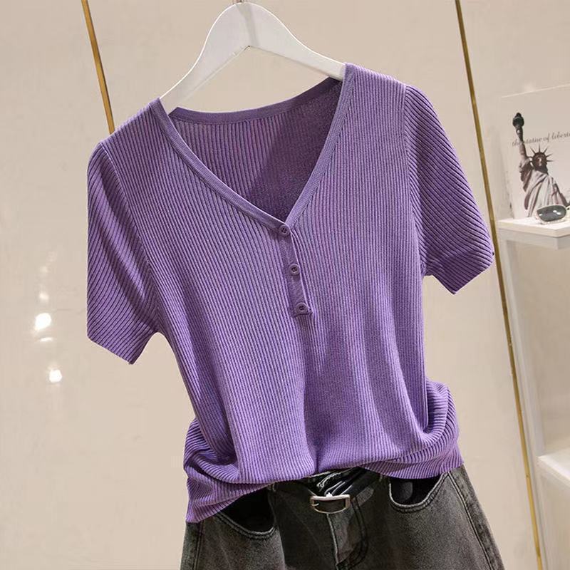 Ice Silk short-sleeved T-shirt women's sweater 2023 Summer new fashionable versatile thin V-neck slimming bottoming top outer wear